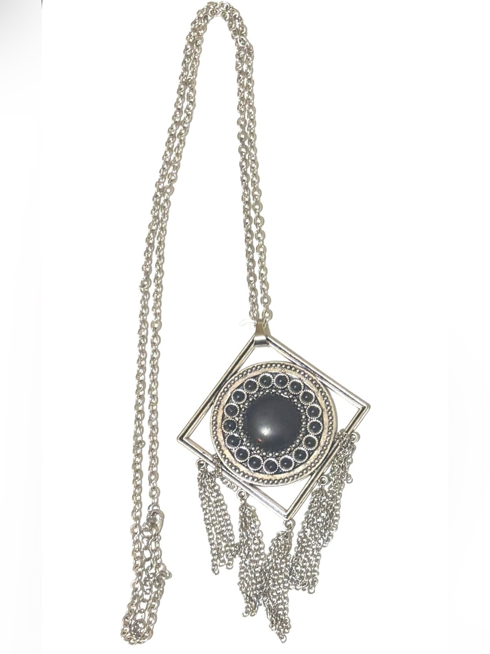 Fashion Jewelry Silver-Tone Necklace with Black Center and Fringe